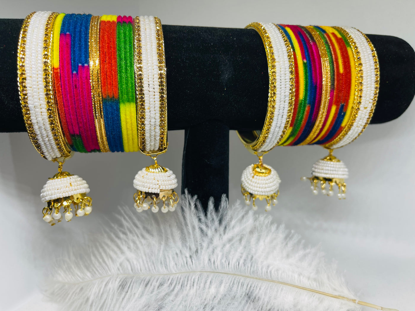 Multicoloured Velvet with Pearl Jhumka Bangles