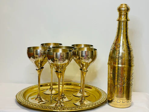 Wine Glass Set - 6 Glasses and 1 styled Jug (Brass)